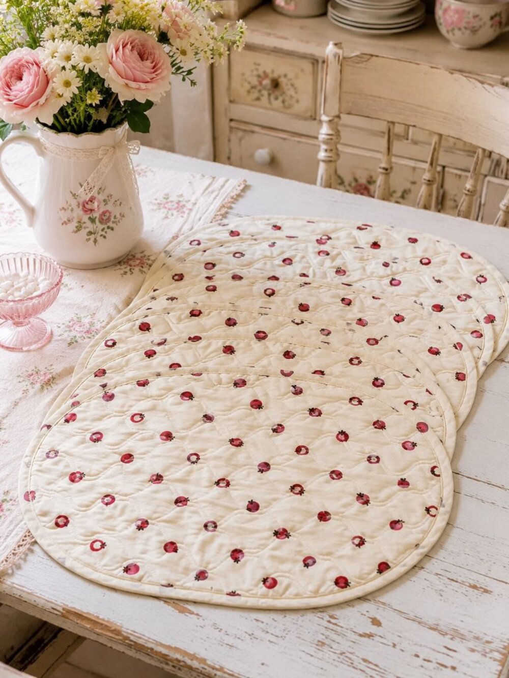 Quilted Cream Pomegranate Placemats 17.5 x 12 inches poly/cotton blend